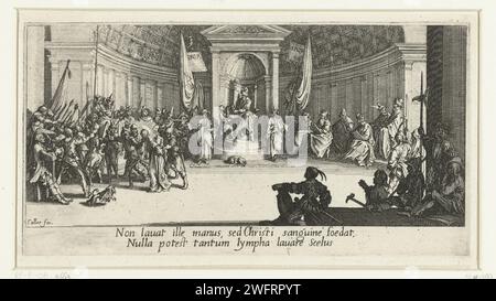 Pilatus si lava le mani in innocenza, Jacques Callot, 1619 - 1624 stampa in uno spazio semicircolare dall'aspetto classico, Pilatus si lava le mani sopra un piatto che tiene un servo davanti a lui. Nel frattempo, Cristo è condotto via dai soldati. Questa stampa fa parte della serie stampa incompiuta "la grande passione", composta da 7 scene della storia della sofferenza. Incisione / incisione di carta di Firenze Pilato lavandosi le mani (in innocenza) Foto Stock