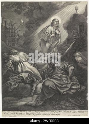 Cristo in Hof van Getsemane, Frans van den Wijngaerde (possibile), dopo Cornelis Schut (i), 1636 - 1679 stampa Cristo prega alla corte di Getsemane. Un angelo con un calice appare dal cielo. Peter, John e James dormono in primo piano. Sullo sfondo, Giuda guida un gruppo di soldati attraverso il cancello. A margine una citazione biblica di Mat. 26 e una didascalia bidirezionale con un'assegnazione in latino. Carta di Anversa che incide la preghiera di Cristo nel Giardino del Getsemani durante la notte Foto Stock