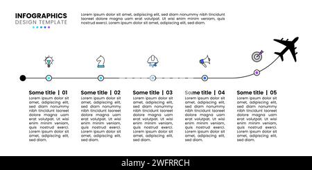 Modello infografico con icone e 5 opzioni o passaggi. Aereo. Può essere utilizzato per layout del flusso di lavoro, diagrammi, banner, webdesign. Illustrazione vettoriale Illustrazione Vettoriale