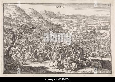 Assedio di Vienna nel 1683, Justus van den Nijpoort, 1694 stampa la liberazione di Vienna da parte dell'esercito del re polacco Jan Sobieski nel 1683. La città di Vienna è circondata dai campi dell'esercito delle due parti. C'è una lotta tra gli ottomani e l'esercito delle forze unite tedesche, polacche e austriache. Numerato in alto a destra: Fol. 76. Carta Vienna, incidere l'assedio. Disciplina militare (+ cavalleria, cavalieri) Vienna Foto Stock
