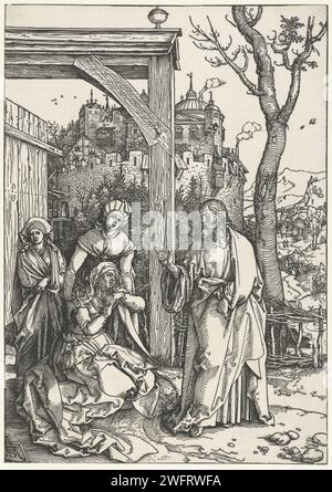 Cristo dice addio a Maria, Albrecht Dürer, 1502 - 1506 stampa Maria inginocchiata con dolore faccia sinistra davanti a Cristo, che le dice addio. Due donne (Martha e Maria Magdalena) sono dietro Maria. Sullo sfondo un castello o una città. Questa stampa fa parte di una serie di 20 stampe, composta da un titolo stampato e 19 stampe con scene della vita di Maria. Norimberga carta Cristo prendendo congedo di Maria, di solito Maria Maddalena presente Foto Stock
