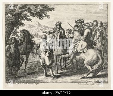 I fornitori a cavallo, Jan van Huchtenburg, dopo Adam Frans van der Meulen, 1674 - 1733 stampano una consultazione tra tre uomini a cavallo e uno a terra in primo piano in un paesaggio. A sinistra un uomo tiene un cavallo con le redini. paesaggi sconosciuti per incisioni/incisioni su carta (+ paesaggio con figure, personale). guerra e pace (+ cavalleria, cavalieri) Foto Stock