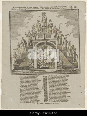 I dodici patriarchi, i figli Jacobs vede / uno qui è messo in scale con i loro nomi, / link erano a suo ultimo, / sapendo che Dio comanda la benedizione egli stesso, 1806 - 1830 stampa Foglia con una grande rappresentazione di una scala con tredici gradini. Giacobbe e i suoi dodici figli (patriarchi) sono sui gradini. A prua sotto le scale Jacobs sogna con la scala. Sotto l'immagine una nuova in due colonne. Numerato in alto a destra: N. 99. Editore: Zaltbommelprint Maker: Olandese paper letterpress Printing the Dream of Jacob: Mentre dormi per terra con una pietra per pillow Jaco Foto Stock