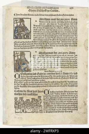 Due papi, 1499 fogli stampati da un libro. Testo di quattro paragrafi con tre incisioni di legno, due ritratti di papi e una vista sulla città. papa di carta della Germania. vista sulla città in generale; 'veduta' Foto Stock