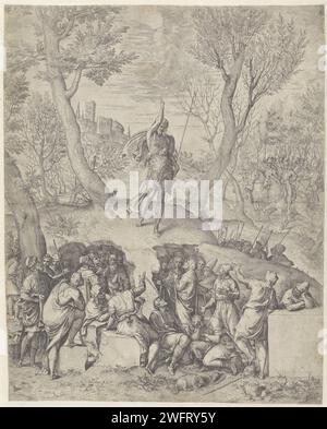 Prediking van Johannes de doper, Giovanni Battista Fontana (attributo a), 1535 - 1587 stampa Giovanni Battista si erge in un paesaggio e si rivolge a una folla. Sullo sfondo i soldati di destra a cavallo. Carta Italia incisione Giovanni Battista predicazione (forse Cristo tra gli astanti) Foto Stock