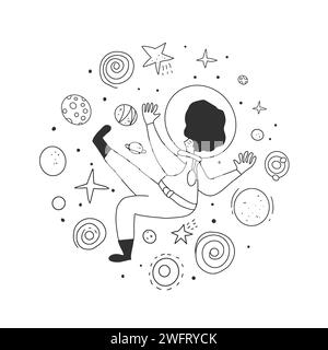 Astronauta con pianeti nello spazio aperto in stile doodle. Cosmonauta che galleggia nelle stelle circondate dall'universo. Distintivo rotondo con simboli del turismo spaziale. Vect Illustrazione Vettoriale