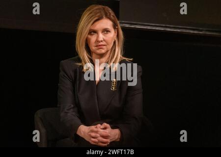 RIGA, Lettonia. 1 febbraio 2024. Olena Zelenska, First Lady dell'Ucraina, durante la Conferenza la Guerra della Russia ai bambini. Crediti: Gints Ivuskans/Alamy Live News Foto Stock