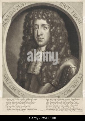 Ritratto dello Stadholder Willem III, re d'Inghilterra, Gerard Valck, dopo Peter Lely (Sir), 1689 - 1726 stampa Guglielmo III, principe di Oranje-Nassau e dal 1689 re d'Inghilterra, in imbracatura. A margine un elogio per la sua incoronazione in Inghilterra. Parrucca di carta di Amsterdam. armatura Foto Stock