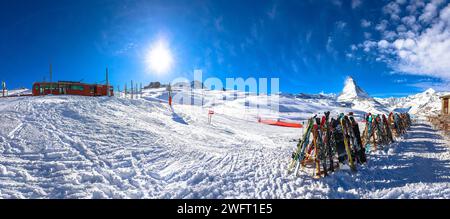 Monte Cervino Riffelberg ski area in Zermatt e Gorngerat bahn view, regione Vallese in Svizzera Alpi Foto Stock