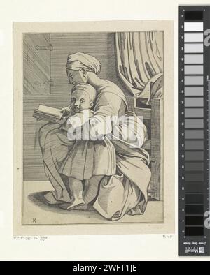 Maria insegna il Cristo bambino, Anonimo, dopo Marco dente, dopo Rafaël, 1498 - 1532 stampa Maria siede su una sedia e legge da un libro. Il bambino di Cristo è di fronte a lei e guarda lo spettatore. Italia carta incisione Madonna: Cioè Maria con il Cristo bambino. Maria insegna al Cristo bambino a leggere Foto Stock