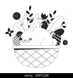 Concetto di illustrazione 2D in bianco e nero del cestino pasquale coniglio Illustrazione Vettoriale