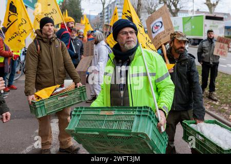 © PHOTOPQR/LE DAUPHINE/Grégory YETCHMENIZA ; Annecy ; 01/02/2024 ; Annecy, le 1 février. Une trentaine de membres de la conféderation paysanne de Haute-Savoie, accompagnée d'une dizaine de membres de la CGT, mènent depuis 9h45 ce matin une opération dans le carrefour d'Annecy situé avenue de Genève. Dans le supermarché, ils ciblent trois produits : les 'contrefactions' de reblochon, les tomates hors saison, et le mille non francais vendu sous l'appellation miel francais. Avec cette action, ils revendiquent des revenus décents, notamment via l'interdiction d'achat en dessous des prix de revient Foto Stock