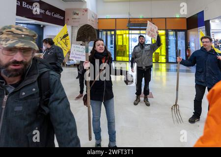 © PHOTOPQR/LE DAUPHINE/Grégory YETCHMENIZA ; Annecy ; 01/02/2024 ; Annecy, le 1 février. Une trentaine de membres de la conféderation paysanne de Haute-Savoie, accompagnée d'une dizaine de membres de la CGT, mènent depuis 9h45 ce matin une opération dans le carrefour d'Annecy situé avenue de Genève. Dans le supermarché, ils ciblent trois produits : les 'contrefactions' de reblochon, les tomates hors saison, et le mille non francais vendu sous l'appellation miel francais. Avec cette action, ils revendiquent des revenus décents, notamment via l'interdiction d'achat en dessous des prix de revient Foto Stock