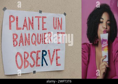 © PHOTOPQR/LE DAUPHINE/Grégory YETCHMENIZA ; Annecy ; 01/02/2024 ; Annecy, le 1 février. plante un banquier et Observate Une trentaine de membres de la conféderation paysanne de Haute-Savoie, accompagnée d'une dizaine de membres de la CGT, mènent depuis 9h45 ce matin une opération dans le carrefour d'Annecy situé avenue de Genève. Dans le supermarché, ils ciblent trois produits : les 'contrefactions' de reblochon, les tomates hors saison, et le mille non francais vendu sous l'appellation miel francais. Avec cette action, ils revendiquent des revenus décents, notamment via l'interdiction d'achat e Foto Stock