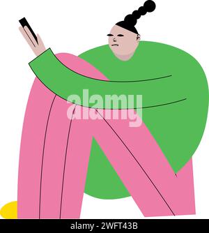 Opere d'arte moderne. Donna seduta nello smartphone. Personaggio carino su sfondo bianco. Stile cartoni animati. Illustrazione vettoriale disegnata a mano. Illustrazione Vettoriale