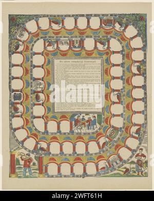 Il nuovo divertente / gioco d'oca / le Nouveau Jeu d'OIE, 1833 - 1911 stampa. Gioco da tavolo Gameboard Goose con spirale con 63 scatole numerate. In scatole diverse una performance di un'oca. A metà campo il titolo e le regole in olandese e in francese nella stampa di libri. In basso a destra nel campo centrale numerato: 4. Giochi da tavolo per la stampa di letterpress in carta Turnwood. giochi da tavolo d'azzardo. goose-game Foto Stock