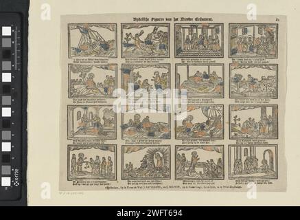 Bybelsche figure del nuovo Testamento, c. 1782 - c. 1893 stampa Leaf con 16 esecuzioni di storie del nuovo Testamento. Sotto ogni immagine un verso bidirezionale. Numerato in alto a destra: 82. Editore: Amsterdamprint Maker: Stampa tipografica su carta olandese New Testament Foto Stock