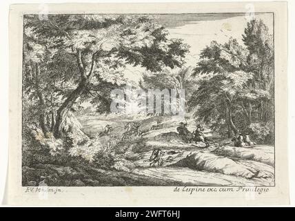 Paesaggio con scena di caccia, Jan van Huchtenburg (copia dopo), dopo Adam Frans van der Meulen, 1675 - 1696 stampa paesaggio con foreste su entrambi i lati. Al centro, i cavalieri con cani da caccia cacciano un cervo. incisione/incisione della carta per la caccia alle uova. paesaggi (+ paesaggio con cifre, personale) Foto Stock
