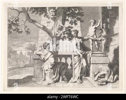 Cristo rompe un'immagine, Johannes Glaber, dopo Gerard de Lairesse, 1656 - 1726 stampa il bambino Cristo si erge su una colonna e ha appena fatto una pausa religiosa. L'immagine è a pezzi sul pavimento. Maria e Joseph guardano. La stampa fa parte di una serie di rappresentazioni bibliche, mitologiche e allegoriche. Tipografia: Unknownpublisher: Amsterdam paper etching Christ-child insieme ad altri. Mary e Joseph. iconoclastia. monumento, statua Foto Stock