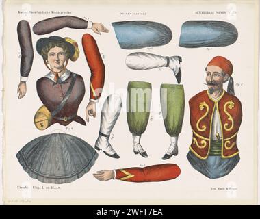 Bambole mobili, stampa 1875 - 1903. pantin. Martinetto a balestra foglia con 2 pupazzi tirati per tagliare. A sinistra una donna con cappello e gonna. Sulla destra uno Zouave (soldato francese). Numerato in alto a destra: N. 79. Editore: Utrechtprinter: Haarlem paper letterpress Printing Puppet Foto Stock