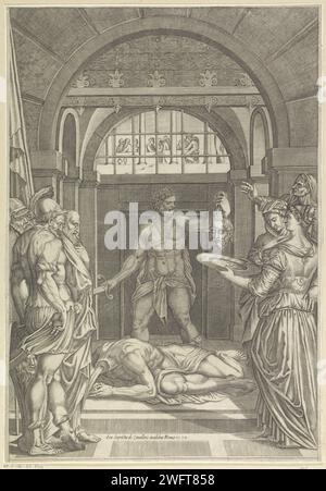 Decapitazione di Giovanni Battista, Giovanni Battista De'cavalieri, 1578 stampa Un boia dà la testa appena tagliata di Giovanni Battista a Salome. Salome è sulla destra e ha una ciotola tra le mani su cui può stare la testa. I soldati sono in primo piano. Carta di Roma che incide la decapitazione di Giovanni Battista. A Salome viene affidata la testa di Giovanni Battista dal carnefice Foto Stock