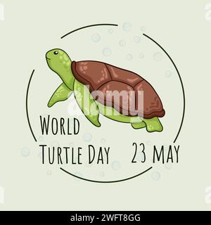 Giornata mondiale delle tartarughe il 23 maggio. Illustrazione grafica per poster, banner, social media, cartolina. Grafica vettoriale isolata su sfondo verde. Illustrazione Vettoriale