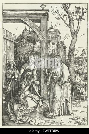 Cristo dice addio a Maria, Albrecht Dürer, 1511 stampa Maria inginocchiata con dolore faccia sinistra davanti a Cristo, che le dice addio. Due donne (Martha e Maria Magdalena) sono dietro Maria. Sullo sfondo un castello o una città. Testo latino stampato sul lato fresco. Questa stampa fa parte di una serie di 20 stampe, composta da un titolo stampato e 19 stampe con scene della vita di Maria. Carta di Norimberga tipografia che stampa Cristo prendendo congedo di Maria, di solito Maria Maddalena presente Foto Stock