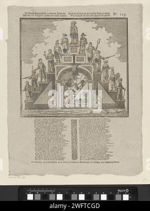 I dodici patriarchi, i figli Jacobs vede / uno qui è dichiarato con i loro nomi, / link furono per lui la sua ultima benedizione, / sapendo che Dio comanda la benedizione stesso, 1715 - 1813 stampa Foglia con una grande rappresentazione di una scala con tredici gradini. Giacobbe e i suoi dodici figli, i patriarchi, sono sui gradini. Nell'arco sotto le scale una rappresentazione di Jacobs sogna. Sotto l'immagine una nuova in due colonne. Numerato in alto a destra: N. 113. Editore: Amsterdamprint Maker: Olandese carta tipografica stampa il sogno di Jacob: Mentre dormi per terra con una pietra per Foto Stock