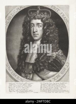 Ritratto dello Stadholder Willem III, re d'Inghilterra, Gerard Valck, dopo Peter Lely (Sir), 1689 - 1726 stampa Ritratto di Guglielmo III, principe di Oranje-Nassau e re d'Inghilterra dal 1689. Indossa una corona e l'ordine della giarrettiera. A margine una poesia sul regno in Inghilterra. Corona di carta di Amsterdam (simbolo di sovranità). ordine dei cavalieri Foto Stock