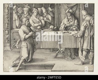 Jozef spiega i sogni del faraone, Lucas van Leyden, 1512 stampa Faraone a tavola, Joseph Kneelt Kneeling e spiega i suoi sogni. Un gruppo di persone ascolta da dietro una balaustra. Carta dei paesi bassi incidere Joseph interpretando i sogni del faraone Foto Stock