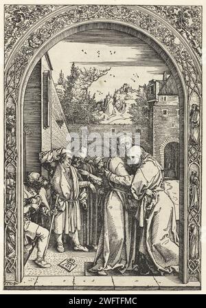 L'incontro al Poort d'Oro, Albrecht Dürer, 1511 stampa Gioacchino e Anna si abbracciano a un cancello, in mezzo a pochi passanti. Testo latino stampato sul lato fresco. Questa stampa fa parte di una serie di 20 stampe, composta da un titolo stampato e 19 stampe con scene della vita di Maria. Stampa tipografica su carta di Norimberga incontro di Anna e Gioacchino al Golden Gate; di solito si abbracciano o si baciano (concezione immacolata di Maria) Foto Stock