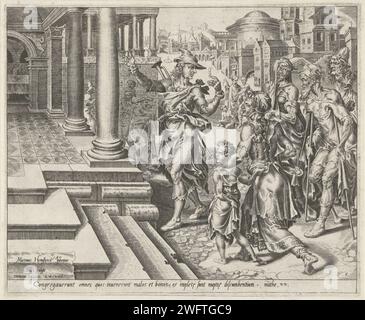 Invito ai malati e ai poveri, 1581 - 1633 stampa il Messaggero del Re invita tutti i malati e le armi della città a venire alla festa di nozze del re. La stampa ha una didascalia latina e fa parte di una serie di sei parti sulla parabola di una festa di nozze. Tipografia: Haarlemafter design di: Haarlempublisher: Incisione / incisione di carta Anversa coloro che sono invitati alla festa di nozze reale scusarsi Foto Stock