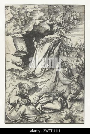 Cristo sul Monte degli Ulivi, Lucas Cranach (i), 1509 stampa Cristo inginocchiato con le braccia alzate sul Monte degli Ulivi e guarda il cielo dove tre putti appaiono nella sua visione con una croce e un aborto spontaneo con un ostello. In primo piano, i tre discepoli Peter, James e John stanno dormendo. La parte posteriore destra si avvicina a Giuda, seguita da un gruppo di soldati. In alto a sinistra ci sono le armi elettorali e Ducali di Sassonia su due piccoli scudi. La Germania scrive la preghiera di Cristo nel Giardino del Getsemani durante la notte Foto Stock