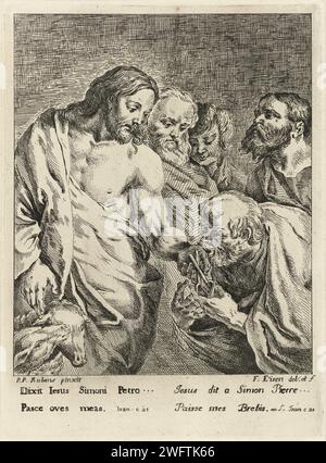 Cristo dà le chiavi a Pietro, esigenze di Francesco, dopo Pietro Paolo Rubens, 1705 - 1778 stampa Cristo dà le chiavi a Pietro. Altri tre discepoli sullo sfondo. Due versi di latino sotto lo spettacolo. Tipografia: Parigi (forse)dopo la pittura di: Anversa carta che incide Cristo dà le chiavi del cielo a Pietro Foto Stock