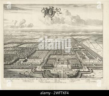 Vista di Honselaarsdijk a Vogelvlucht, 1684 - 1690 stampa Vogdluchtonzicht dal Palazzo Honselaarsdijk e i giardini che lo accompagnano. Al piano superiore, al centro, lo stemma dello Stadholder Guglielmo III d'Orange come Principe d'Orange. Sotto il titolo e una legenda 1-18. Incisione/incisione di carta di Amsterdam vista a volo d'uccello  rappresentazione dell'edificio. palace. Giardino francese o architettonico; giardino formale. Cuscinetto araldico, Palazzo Honselaarsdijk Foto Stock