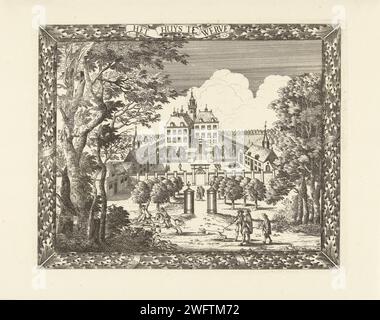 Vista a Huis te Werve a Voorburg, Cornelis Elandts, stampa 1681 - 1728 Vista di Huis a Werve a Voorburg con il ponte e il cortile che lo accompagnano. Nelle feste sugli alberi in primo piano, camminatori con cani e un cavaliere. Lo spettacolo è incorniciato da un bordo con motivi a foglia di quercia e da un banderolo con il titolo su di esso. Il castello di incisione di carta dell'Aia. Paesaggio con torre o castello Casa a Werve Foto Stock