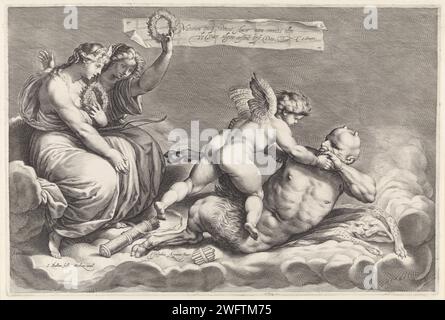 Love Overmeestert PAN (All Love), Jacob Matham, dopo Giuseppe Cesari, 1594 - 1598 stampa Amor, l'amore, PAN, Pan, la lussuria attenta. Carta per incisione Haarlem Cupid Vanquishing Pan Foto Stock