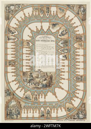 St Nicholas Game, stampa c. 1885. Tabellone gioco in vaso a spirale, numerato con scatole da 1 a 63. Al numero 63: Il Santo seduto su un tavolo da regalo, mentre il suo servo apre la porta ai bambini. Nei quattro angoli del gioco Sinterklaas scene. A metà campo il titolo e le regole. Giochi da tavolo per la stampa di carta letterpress Amsterdam. giochi da tavolo d'azzardo. Festeggiamenti a St. Nicola (Eva) (5 dicembre) Foto Stock