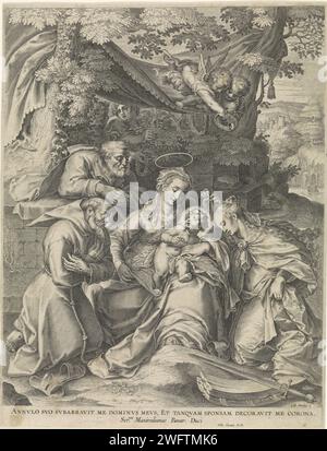 Matrimonio mistico di H. Catharina van Alexandria, Gijsbert van Veen, dopo otto van Veen, 1573 - 1628 stampa Maria con bambino in braccio, seduto in un paesaggio sotto una tettoia. Diagonalmente dietro di loro Joseph. Sulla destra, Santa Caterina si inginocchierà davanti al bambino di Cristo che le offre un anello. Sopra la sua testa, due angeli con una corona di alloro. I suoi attributi sono spada e ruota rotta sul pavimento. Sulla sinistra c'è San Francesco. Italia carta incisione il mistico matrimonio di S.. Caterina d'Alessandria con il Cristo bambino: Il Cristo bambino le mette un anello al dito. Fondatore dell'Orde Foto Stock