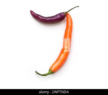 Lettera J di peperoncino rosso arancio viola, alfabetico, lettere maiuscole di peperoncini, pepe, per testo, enciclopedia, libro di cucina, pranzo vegano Foto Stock