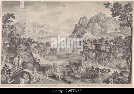 Hosea e la donna adultera in un paesaggio, Nicolaes de Bruyn, dopo Gilles di Coninxloo (II), 1581 - 1656 stampa Hosea è seduto accanto alla strada e guarda il paesaggio dietro. Accanto a lui il figlio maggiore canna per pescare in un ruscello. A sinistra in primo piano la donna adultera con gli altri due figli di Osea (Hos. 1). A sinistra al centro tre credenti che adorano una statua di santi su un albero. La stampa ha una didascalia latina con una spiegazione. Sconosciuta incisione di carta Hosea e l'adultera (Hosea 3). montagne (+ paesaggio con cifre, personale) Foto Stock