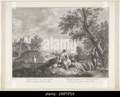 Paesaggio con pastori e ragazzi a Waterval, Francesco Bartolozzi (attribuito a), dopo Francesco Zuccarelli, nel 1760 stampa Un paesaggio con due pastori con una mandria di pecore e un cane, un ragazzo che gioca su un flauto e un ragazzo con una canna di pesce vicino a una cascata. Italiano fresco nel margine inferiore. Tipografia: Italyafter pittura di: Italypublisher: VeniceVenice cartaceo incisione una persona che suona lo strumento a fiato. vista sulla città e paesaggio con costruzioni artificiali. cascata. pastori, pastori, pastori, pastori, pastori, cowhere, ecc... gregge, gregge Foto Stock