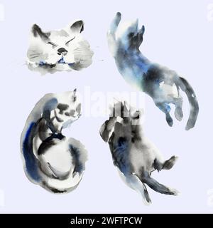 Set di schizzi astratti di gatto, macchie di stampe animali, belle forme, tavolozza di colori pastello. Illustrazione acquerello di dormire, sdraiarsi, giocare a cucciolo. Foto Stock