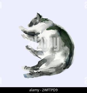 Schizzo astratto di gatto, macchie di animali, forme bellissime, tavolozza di colori pastello. Illustrazione acquerello di animali che dormono e che giace. Foto Stock