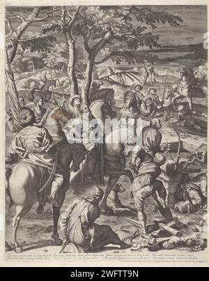 Kruisiging Van (Linker Deel), Giles Sadeler (2), dopo Agostino Carracci, dopo Jacopo Tintoretto in o dopo 1582 stampa Cross -Killing of Christ on Golgota. Cristo pende sulla croce, i due criminali sono crocifissi a sinistra e a destra di lui. Longino sta per mettere la sua lancia al fianco di Cristo. Un gruppo di uomini a cavallo e asini guarda. Maria e John piangono sotto la croce. Testo in latino in STUDMARGE. Dopo stampa di: Italyafter pittura di: Carta di Venezia che incide la crocifissione di Cristo: La morte di Cristo sulla croce; Golgotha (Matteo 27:45-58; Marco 15:33-45; Luca 23:44-52; Jo Foto Stock