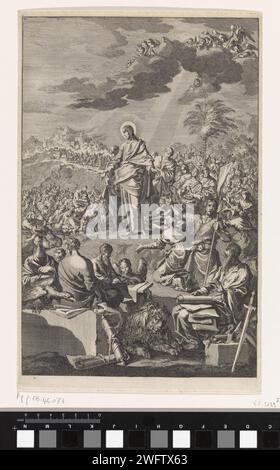 Mountal with Christ and the Four Evangelists, Jan Luyken, 1703 Print Maker: Haarlem Publisher: Amsterdam paper etching Christ's sermon on the Mount (Matteo 5-7) (+ angelo(i)). frontespizio. evangelisti, di solito con libri o pergamene (non in contesto biblico) - II - gli evangelisti senza i loro simboli. Giovanni Battista; possibili attributi: Libro, croce di canna, coppa battesimale, favo, lamb, staff. L'apostolo Paolo di Tarso; possibili attributi: Libro, rotolo, spada Foto Stock