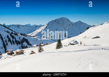 Paesaggio montano innevato, Damuels, Bregenzerwald, Vorarlberg, Austria Foto Stock