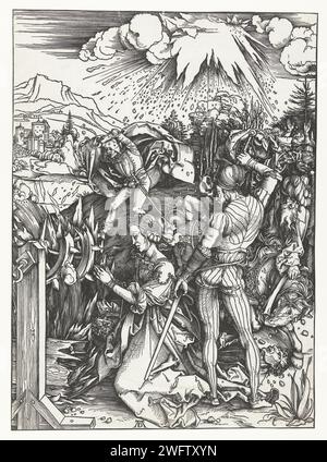Il martirio di Santa Caterina, Albrecht Dürer, 1496 - 1500 stampa la Santa Caterina inginocchiata alle ruote su cui sarebbe stata giustiziata, che era incredibilmente disabilitata da una pioggia dal cielo. Accanto a lei, un soldato tira la sua spada. Norimberga carta la ruota di St. Caterina d'Alessandria viene distrutta da un fulmine dal cielo, o da angeli con una spada Foto Stock