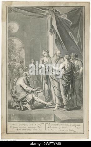 Profezia di Agabus, Jacob Folkema, dopo Houbraken, 1702 - 1767 stampa Agabus predice Paolo che sarà legato alle mani e ai piedi a Gerusalemme. Spettacolo biblico fuori controllo. 21:10 con il titolo dello spettacolo in sei lingue a margine. Incisione / incisione di carta l'arresto di Paolo a Gerusalemme è predetto da Agabus, che lega le sue mani e i suoi piedi con la cintura di Paolo Foto Stock