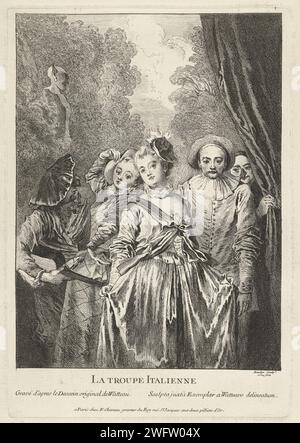 Compagnia teatrale italiana, Francesco Boucher, dopo Jean Antoine Watteau, 1726 - 1727 stampa Un gruppo di cinque attori, due donne e tre uomini, in costumi della Commedia dell'arte, in piedi su un palco. A destra una tenda, sullo sfondo uno sfondo con alberi e un busto di un saat. Tipografia: Francepublisher: Parigi cartaceo gruppo di attori, troupe; attori sul palco Foto Stock